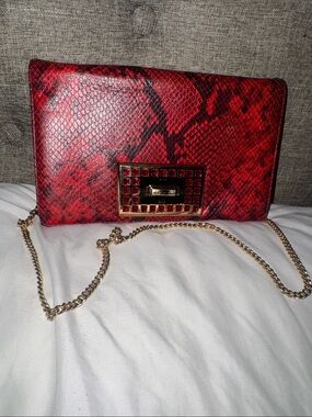 Michael Kors Red Snake-Print Clutch with Gold Chain